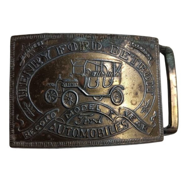 VIntage Mens Belt Buckle FORD MODEL T  1970's MENS DETROIT SOLID BRONZE 3x2" - Picture 1 of 5